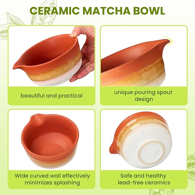 Matcha Whisk Set, Ceramic Matcha Set Desert Series, Matcha Bowl, Matcha Whisk and Holder, Bamboo Scoop, Scoop Rest, Sifter and Tea Towel 7 Pcs Matcha Kit for Birthday Christmas Gift (Matte Soil)