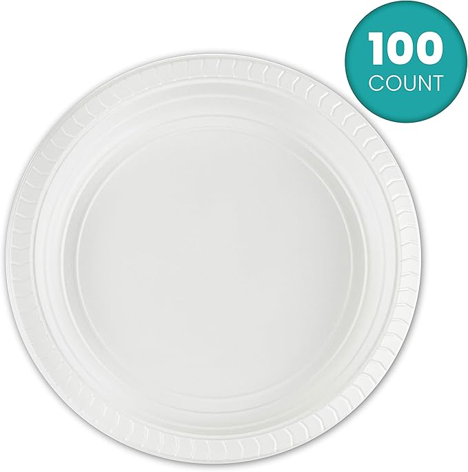 PLASTICPRO 7 inch Round Plastic Plates Microwaveable, Disposable, White, Dinnerware 100 Count