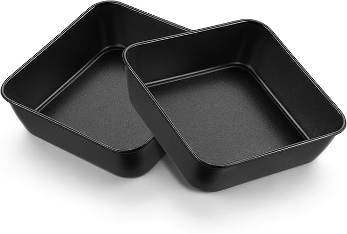 E-far 6 Inch Square Cake Pan Set of 2, Nonstick Small Baking Pan with Stainless Steel Core for Brownies Lasagna Cakes, Non-toxic & Easy Clean, 2 Inch Deep (Black)