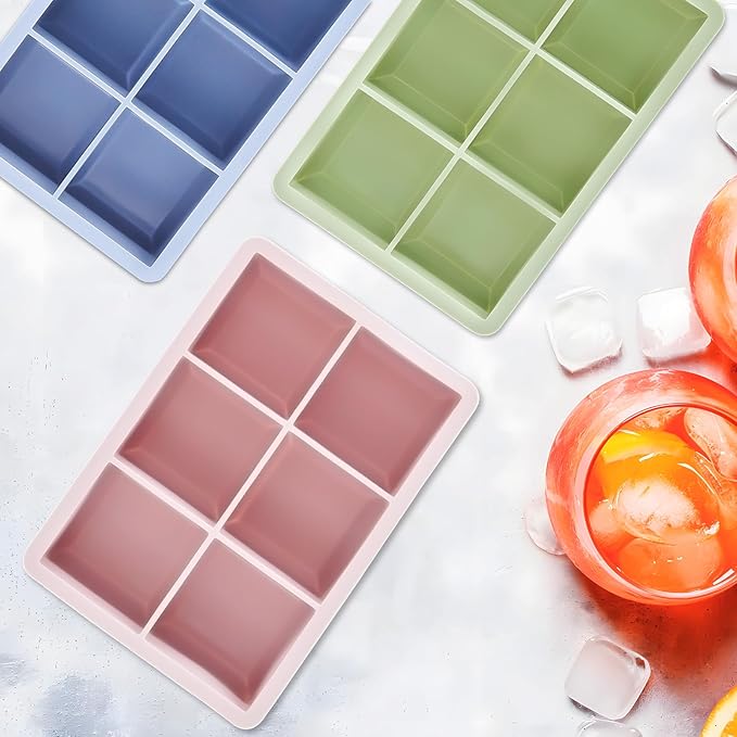 Ice Cube Tray, 3 Pack Silicone Ice Cube Molds with Removable Lid, Easy Release & Reusable Large Square Freezer Trays for Whiskey, Cocktail, Drinks, Coffee, Juice (Blue Pink Green)