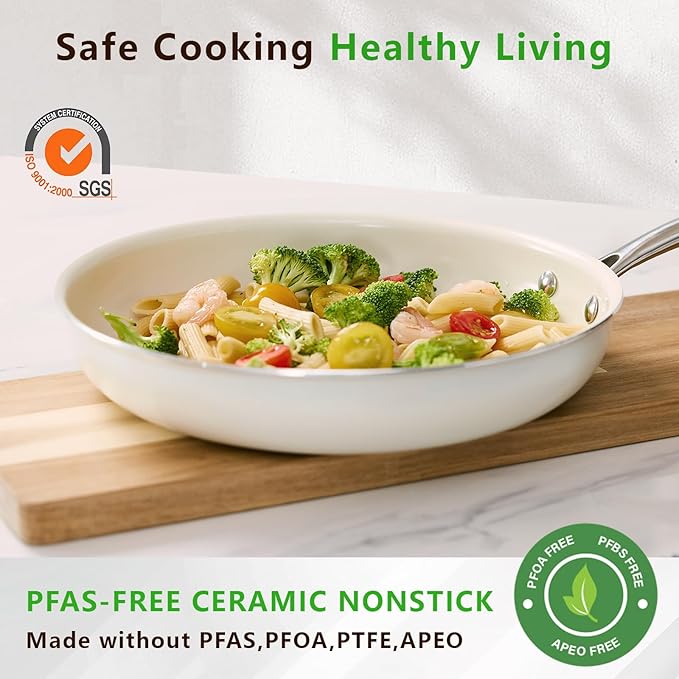 11" Ceramic Frying Pan Nonstick, Skillet, Cooking Pan Non Toxic with Stay Cool Handle for Induction, Chef's Pan, PTFE & PFAS & PFOA Free, Dishwasher/Oven Safe, White