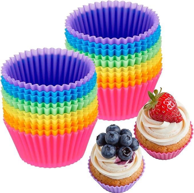 24 Pack Reusable Silicone Cupcake Baking Cups, 2.96 inch Multicolor Cups, Non-stick Muffin Liners for Weddings, Birthday, Party Halloween Christmas