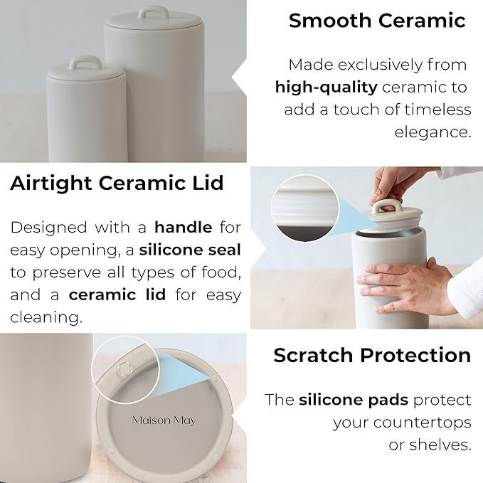 Ceramic Food Storage Jars, 37 Oz, Airtight Lid Handle,Kitchen Canisters for Grounds Coffee, Coffee Pods, Tea, Flour, Sugar, Rice, Pantry Organization or Kitchen Countertop Containers set