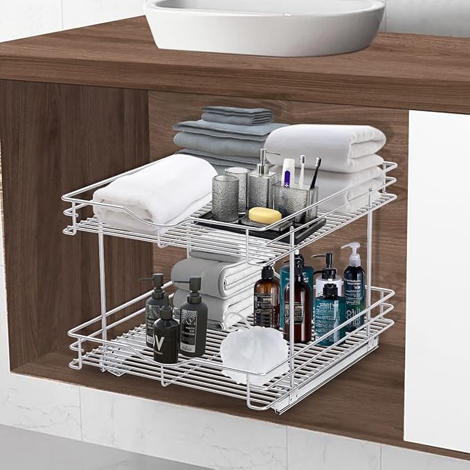 FULGENTE Chrome Finish Pull Out Drawer Cabinet Organizer 2 Tier (17" W * 21" D*15.12''H) Professional Sliding Pantry Shelves Under Kitchen Bathroom Sink Wire Drawer Storage Roll Out Shelf Basket