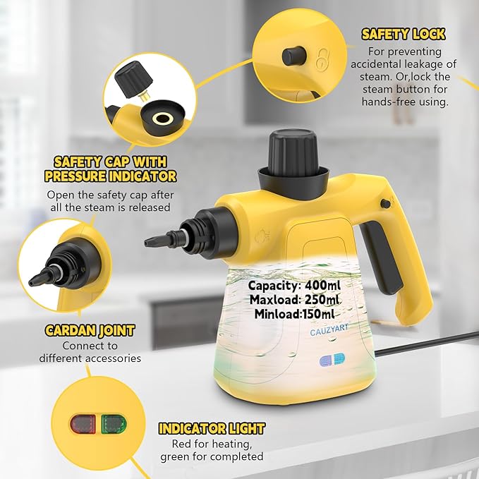 Steam Cleaner for Home, Cauzyart Pressurized HandHeld Steamer for Cleaning with 11pcs Accessories and Safety Lock, Multi-Purpose Steamer for Bathroom,Tile, Window and Car