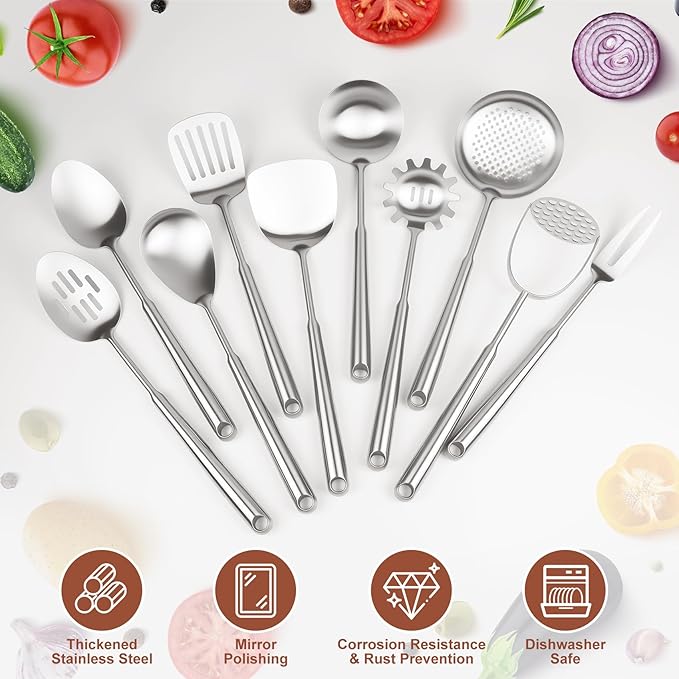 18/10 Stainless Steel Cooking Utensils Set, 10PCS Metal Kitchen Utensils Set for Wok,Kitchen Tools Set Come with Spoon, Fork, Spatula, Ladle, Skimmer, Turner, Pasta Server