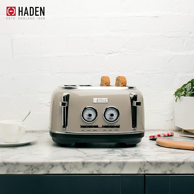 Haden Dorset 4 Slice Wide Slot Stainless Steel Toaster Bundled with 1.7 Liter Stainless Steel Electric Kettle with 360-Degree Base, Putty & Chrome