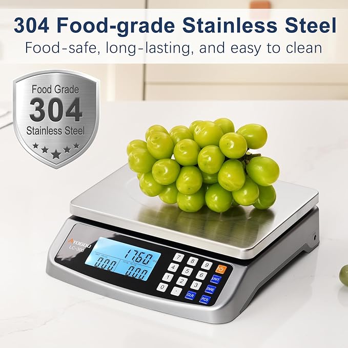 66lb Food Scale, Commercial Kitchen Scale with Price Computing, Plug-in Usable, 0.05oz/1g, 304 Stainless Steel, for Cooking, Vegetables, Farm, Industry, Counting. LC300 Grey