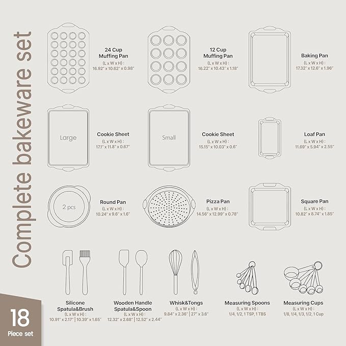 18-Piece Kitchen Oven Baking Set: Nonstick Gray Marble Coating, Carbon Steel Bakeware, Silicone Handles, Dishwasher Safe, Professional Quality, PFOA-Free