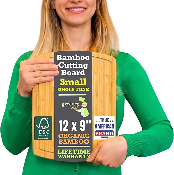 GREENER CHEF 12 Inch Bamboo Cutting Board with Lifetime Replacements - Small Wooden Chopping Board for Kitchen, Butcher Block, Meat, Veggies, and Charcuterie