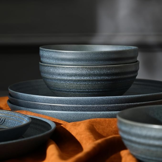 Stone Lain Elio 24-Piece Dinnerware Set Stoneware, Plates and Bowls Set, Dish Set for 8, Blue