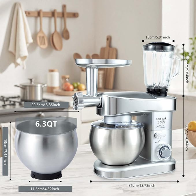 Multifunctional Stand Mixer 6.3Qt 6-Speed Tilt-head, Electric Kitchen Mixer with Stainless Steel Bowl,Meat Grinder, Juice Blender (Silver)