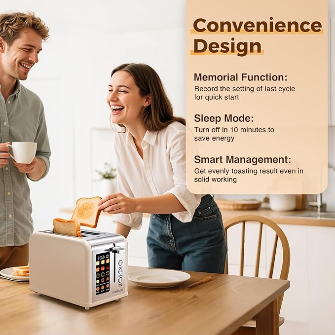 2 Slice Touch Screen Toaster, Stainless Steel Toaster with Wide Slots for Bagels and Bread, Reheat/Defrost/Cancel Functions, Removable Crumb Tray, Cream Color