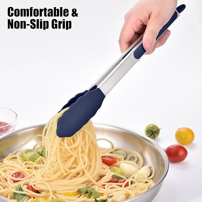 Doosu Kitchen Tongs for Cooking - 600°F Heat Resistant Food Tong Set with Non-Scratch Silicone Tips, Heavy Duty Stainless Steel Locking Tong for BBQ, Grilling Steak, Serving Salad (9+12in, Navy Blue)
