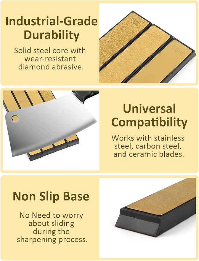 11PCS Diamond Sharpening Stones Set, Kalolary Titanium Coated Grinding Sharpener Plate Diamond Knife Sharpener with Non-slip Base, Honing Rod & Angle Guide for Outdoor Kitchen Knife Tools (9 Grits)
