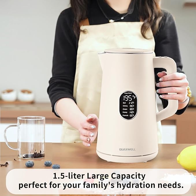 1.5L Electric Kettle Stainless Steel, Double Wall Cool Touch Teapot, Fast Boil,5 Temperature Control, LED Display, Auto Shut-Off,Keep Warm Function,Cream White