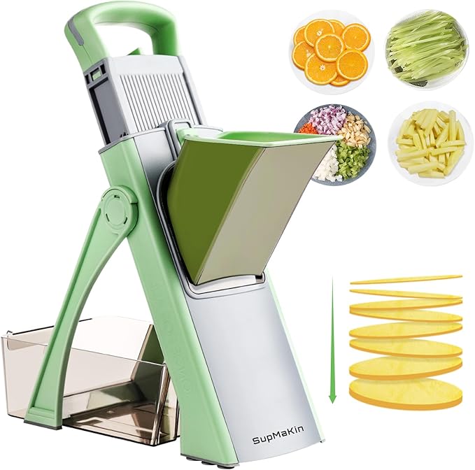 Upgrade Safe Mandoline Slicer for Kitchen, SupMaKin Bigger Entrance Vegetable Food Slice Potato Slicer Chopper, Adjustable Thickness Multi Mandolin, Julienne + Dicer Kitchen Must Haves Green