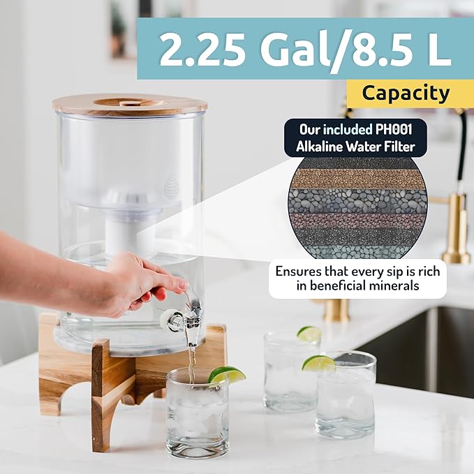 Invigorated Water pH Recharge Alkaline Water Filter Dispenser – BPA-Free Glass Countertop Water Filter Pitcher Purifier for Home & Office, 36-Cup Capacity, 360L Long Filter Life (Acacia/Marble)