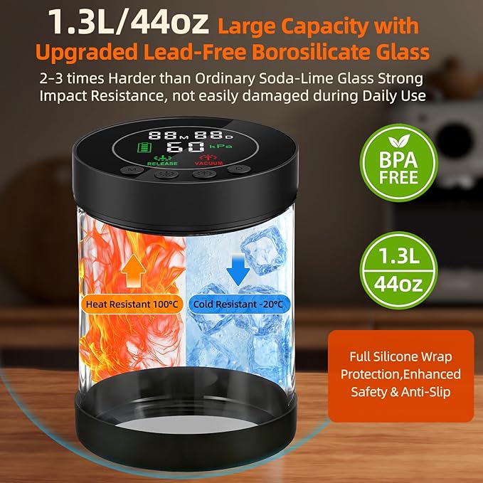 Electric Vacuum Coffee Canister, 1.3L Glass Airtight Food Storage Containers with Smart Pressure Sensor, Automatic Coffee Bean Container Rechargeable with LED Display Window for Kitchen Food Storage