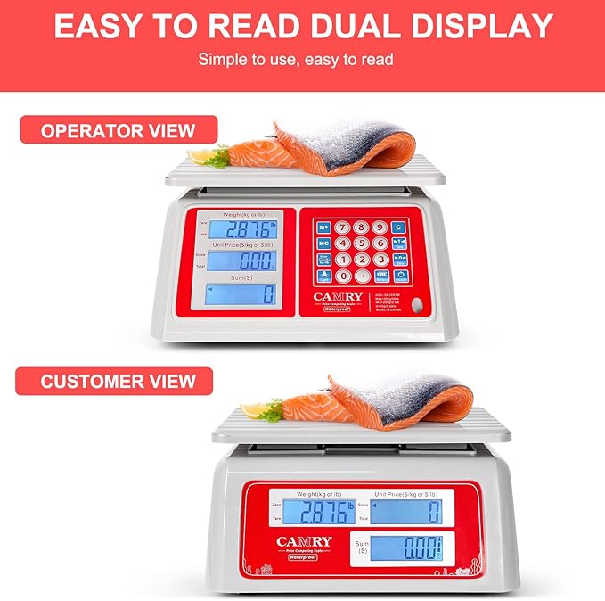 CAMRY Waterproof Commercial Food Scale IPX7 66lb / 30kg Digital Price Computing Meat Produce Weight Scale with White Backlight LCD for Farmers Market, Seafood, Rechargeable