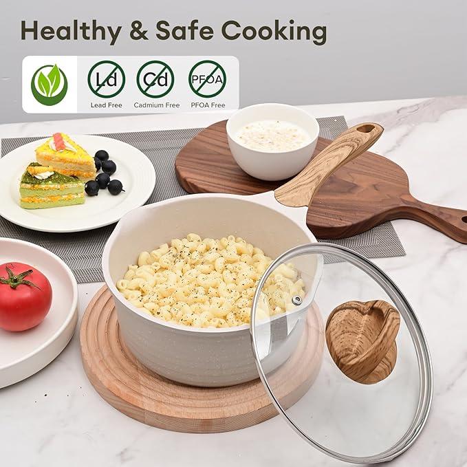 JEETEE 2.5 Quart Sauce Pan with Lid, Non Stick Small Pot with German Granite Coating, Masterclass Cookware Sauce Pot for Cooking, PFOA/PFOS Free(Beige)