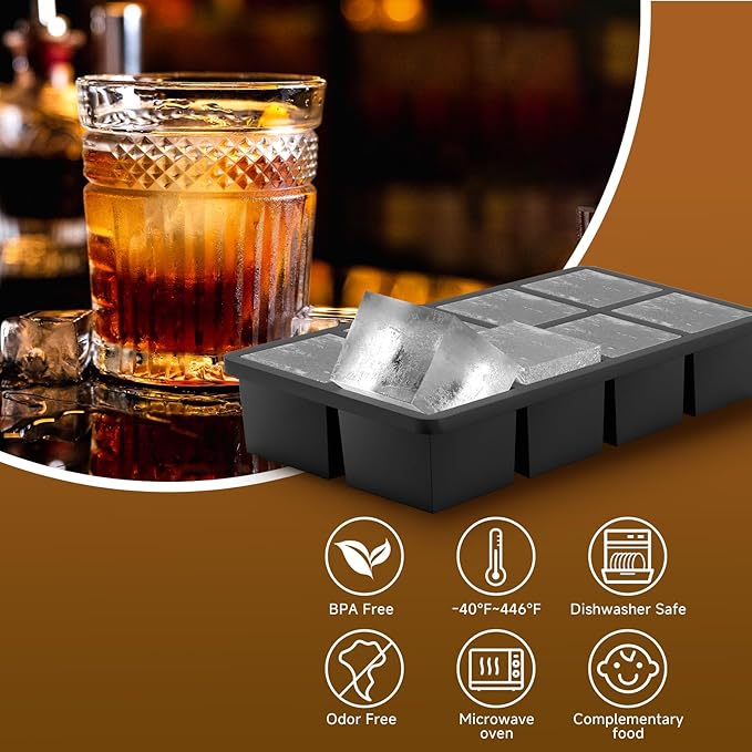 Samuelworld Large Silicone Ice Cube Tray Molds, 2-Pack, Big 2 Inch Cubes - Food Grade, Flexible, 8 Cavity Easy Release Slow Melting Ice for Whiskey, Cocktails, Gifts & Christmas - Black