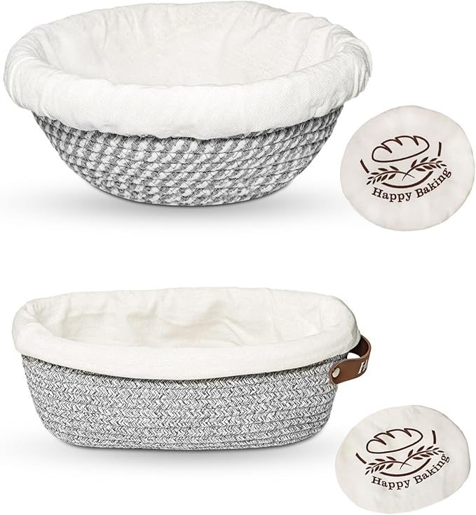 Sourdough Bread Baking Supplies - 9" Round & 10" Oval Banneton Bread Proofing Baskets with Washable Liners and Covers for Artisan Homemade Bread
