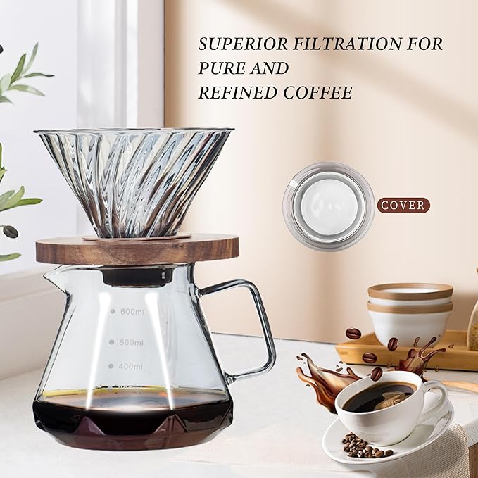 Upgrade Pour Over Coffee Maker - 20 OZ /600ML Borosilicate Glass Coffee Maker with Glass Coffee Dripper, Stylish Elegant Drip Coffee Maker for Home Cafe Restaurant Camping, 600 ml, Gray