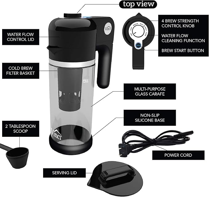 VINCI Express Cold Brew, Electric Cold Brew Coffee Maker in 5 minutes, 4 Brew Strength Settings & Cleaning Cycle, Easy to Use & Clean, Glass Carafe, Cold Brewer for Iced Coffee, 1.1 L Pitcher (37 oz)