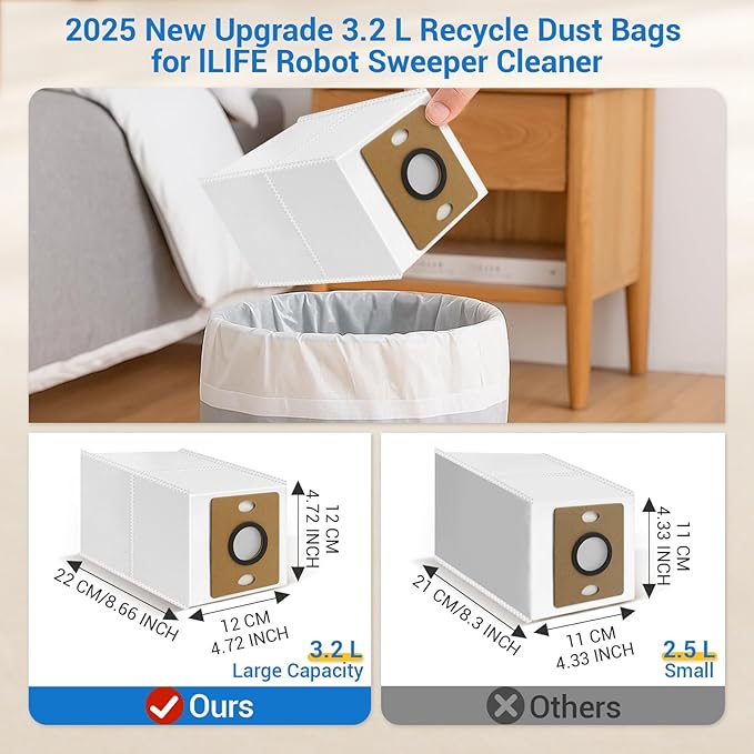 14 Pack A30 Pro Dust Bags for ILIFE A12 Pro/A30 Pro/V9/V9 Pro/Robot Vacuum Bags 3.2 L Large Capacity Heavy Duty Bags for Home Vacuum