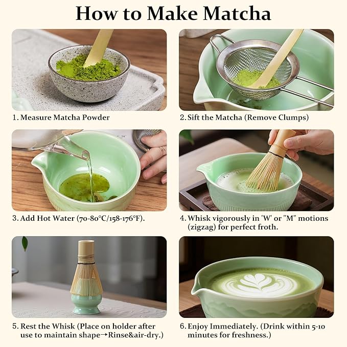 7PCs Matcha Whisk Set Traditional Japanese Green Matcha Kit with Whisk and Bowl Matcha Making Accessories Bamboo Chasen Tea Spoon Holder Sifter Tea Towel Ceremony Macha Tea Set for Beginners