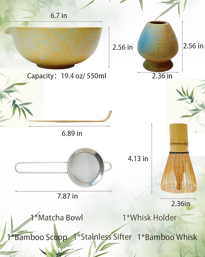 Matcha Whisk Set,Matcha Set,Matcha Kit,Matcha Bowl with Spout,Scoop,Sifter,Bamboo Whisk,Chasen Holder,Unique Gifts for Women Grifend,Gifts for Christmas, Birthday,Halloween(Yellow)