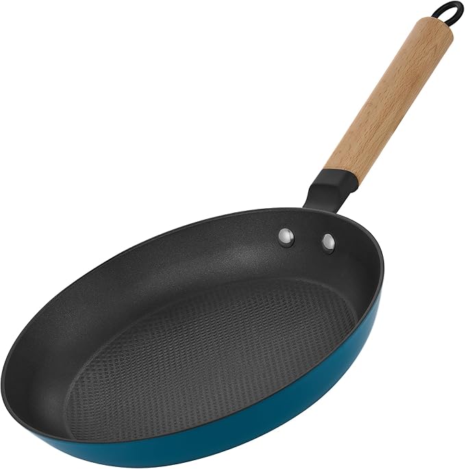YUTANN 10" Enameled Non-Stick Cast Iron Skillet, Egg Frying Pan with Removable Wooden Handle, PFAS/PFOA Free, Dishwasher & Oven Safe (500°F)