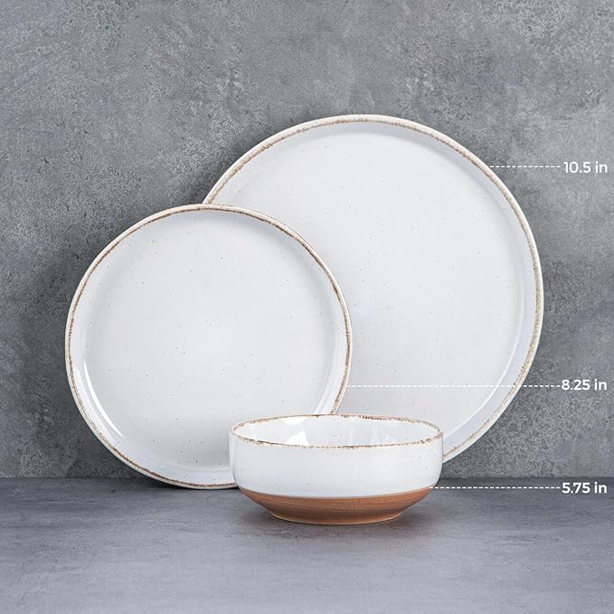 AmorArc 18 Pieces Ceramic Dinnerware Sets for 6, Handpainted Stoneware Plates and Bowls Set with Rustic Terracotta Underside, Scratch Resistant Dishes Set, Dishwasher & Microwave Safe, White