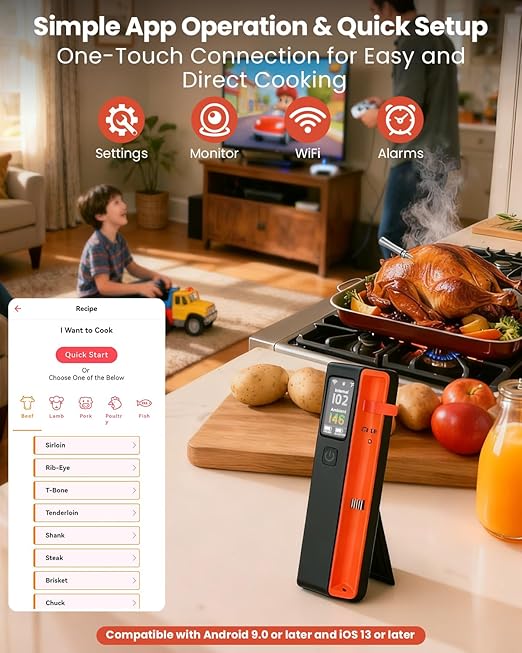 Wireless Bluetooth Smart Meat Thermometer with WiFi - High Accuracy ±0.5°F, Smart Base, 1 Probe with 6 Sensors, NIST Certified Accuracy, Long-Range for BBQ, Grill, Oven, Smoker, Rotisserie