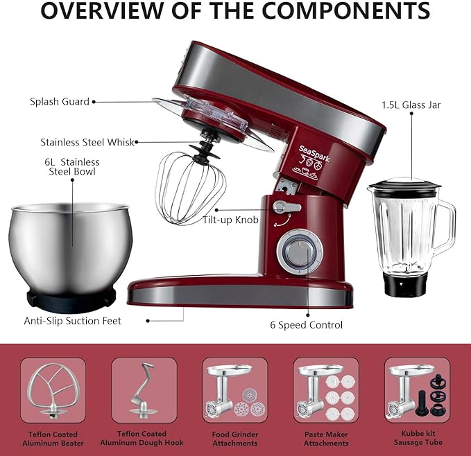 Multifunctional Stand Mixer 6.3Qt 6-Speed Tilt-head, Electric Kitchen Mixer with Stainless Steel Bowl,Meat Grinder, Juice Blender (Red)