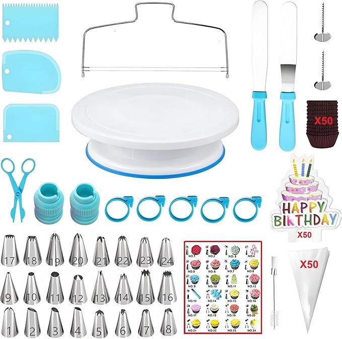 193 Pcs Cake Decorating Kit with Cake Turntable,Cake Leveler,24 Numbered Icing Tips,2 Spatulas,2 Couplers,3 Comb Scrapers,50 Pastry Bags,50 Paper Cupcake Liners,50 Cake Flags