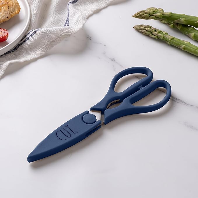 Rae Dunn Kitchen Scissors- Stainless Steel Kitchen Shears, Cooking Scissors for Cutting Meat, Chicken, Herbs and Produce with Blade Cover and Soft Grip Handles (Blue)