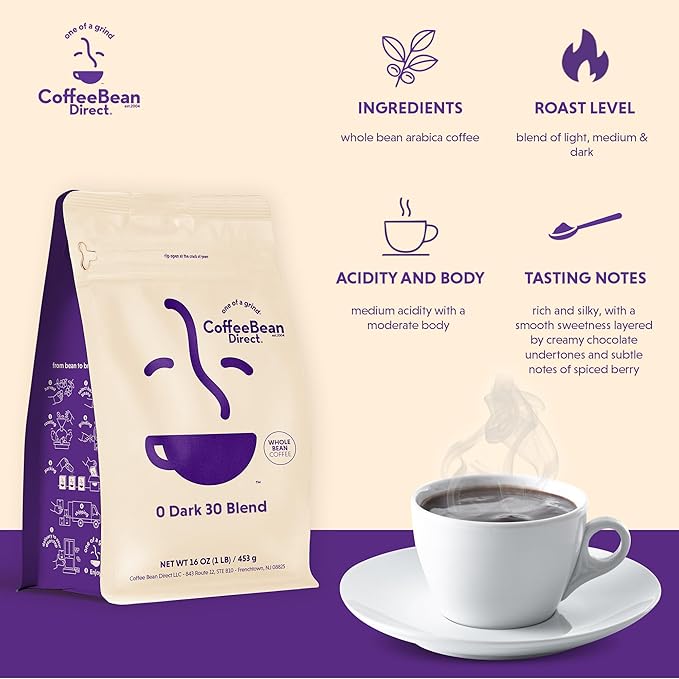 Coffee Bean Direct 0 Dark 30 Blend, Whole Bean Coffee, Mixed Roast, 1 Pound Bag (Pack of 1)