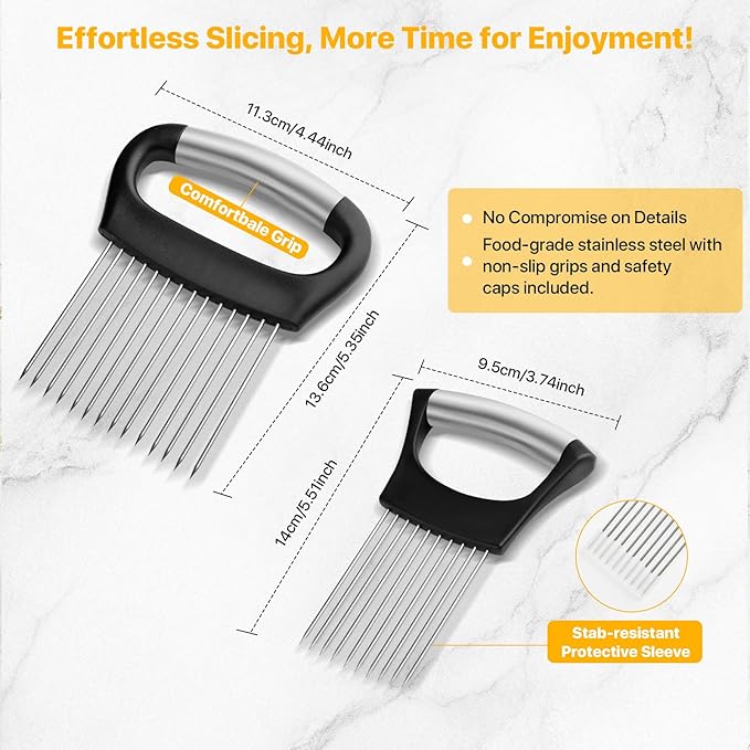 【2 PCS】Onion Holder for Slicing - Stainless Steel Vegetable & Fruit Cutter Chopper for Onions, Tomatoes, Avocados, Potatoes, Eggs, Meat & Lemon - Kitchen Slicer Assistant with Neat Guide & Tenderizer.