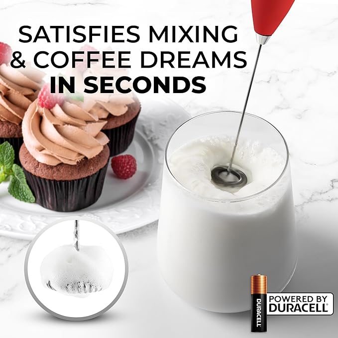 Zulay Kitchen Milk Frother Wand Drink Mixer with AA Duracell Batteries- Durable Handheld Milk Frother Electric Whisk - Easy-Clean Milk Frother Wand & Mini Blender - Electric Coffee Frother - Red
