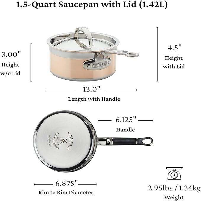 Hestan - CopperBond Collection - 100% Pure Copper Sauce Pan, Induction Cooktop Compatible, 1.5 Quart
