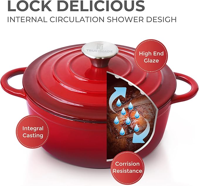 Trustmade 4.5 QT Cast Iron Dutch Oven, Enamel Coated Cookware Pot with Self Basting Lid for Home Baking, Braiser, Cooking, Red