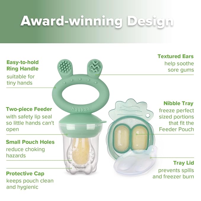 Haakaa Baby Fruit Food Feeder & Mini Freezer Nibble Tray Combo, Breastmilk Popsicle Molds for Cooling Relief, BPA Free Silicone Feeder for Safe Infant Self Feeding, 4 Month+ (Pea Green)