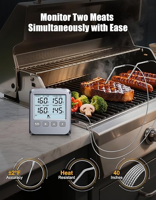 Dual Probe Meat Thermometer Digital for Cooking, Grilling & Smoking with Large LCD Backlight & Alarm, Kitchen Food Grill Thermometer, Smoker Accessories for BBQ, Oven, Oil Fry, Gifts for Men