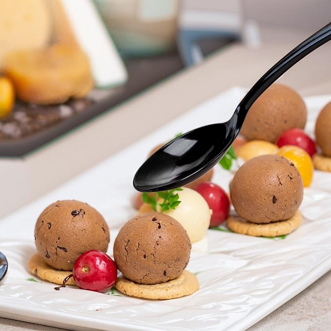 WDF 300 Pieces Black Plastic Mini Spoons-4 Inches Black Plastic Tasting Spoons for Desserts-Heavy Duty Plastic Spoons Perfect for Coffee/Cake/Desserts/Appetizers for New Year/Graduation/Wedding