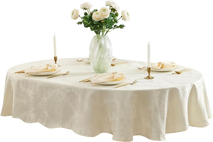 Newbridge Barcelona Luxury Damask Fabric Tablecloth, 60” Wide x 102” Oval, Antique White, 100% Polyester, No Iron, Soil Resistant Dining Room, Party and Banquet Table Cover