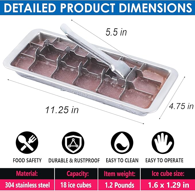 KAYCROWN 18/8 Stainless Steel Ice Cube Tray, 18 Slot Ice Tray with Easy Release Handle for Making Various Ice Cubes and Frozen Foods, Removable Slots for Easy Ice Cube Removal and Cleaning