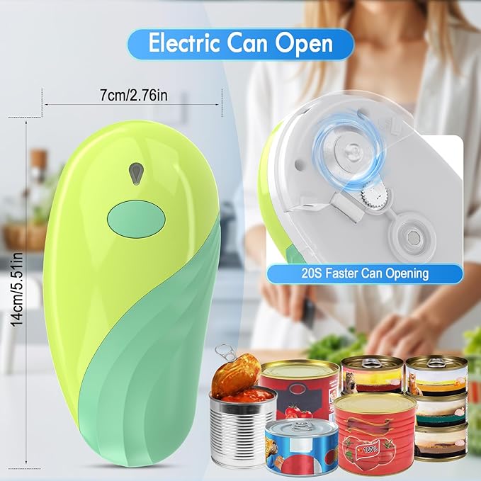HuiJuKeJi Electric Can Opener, Rechargeable Automatic Can Opener for Seniors with Arthritis, One-Touch Hands-Free Can Opener for Almost Can Sizes, Smooth Edge & Food-Safe Kitchen Gadgets-Green