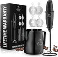 Zulay Premium Gift Milk Frother Set – Handheld Coffee Frother with Stand, 12oz/350ml Frothing Pitcher + 4 Latte Art Stencils – 13,000 RPM Motor, SS Whisk, Battery Operated – Barista Kit (Exec Black)